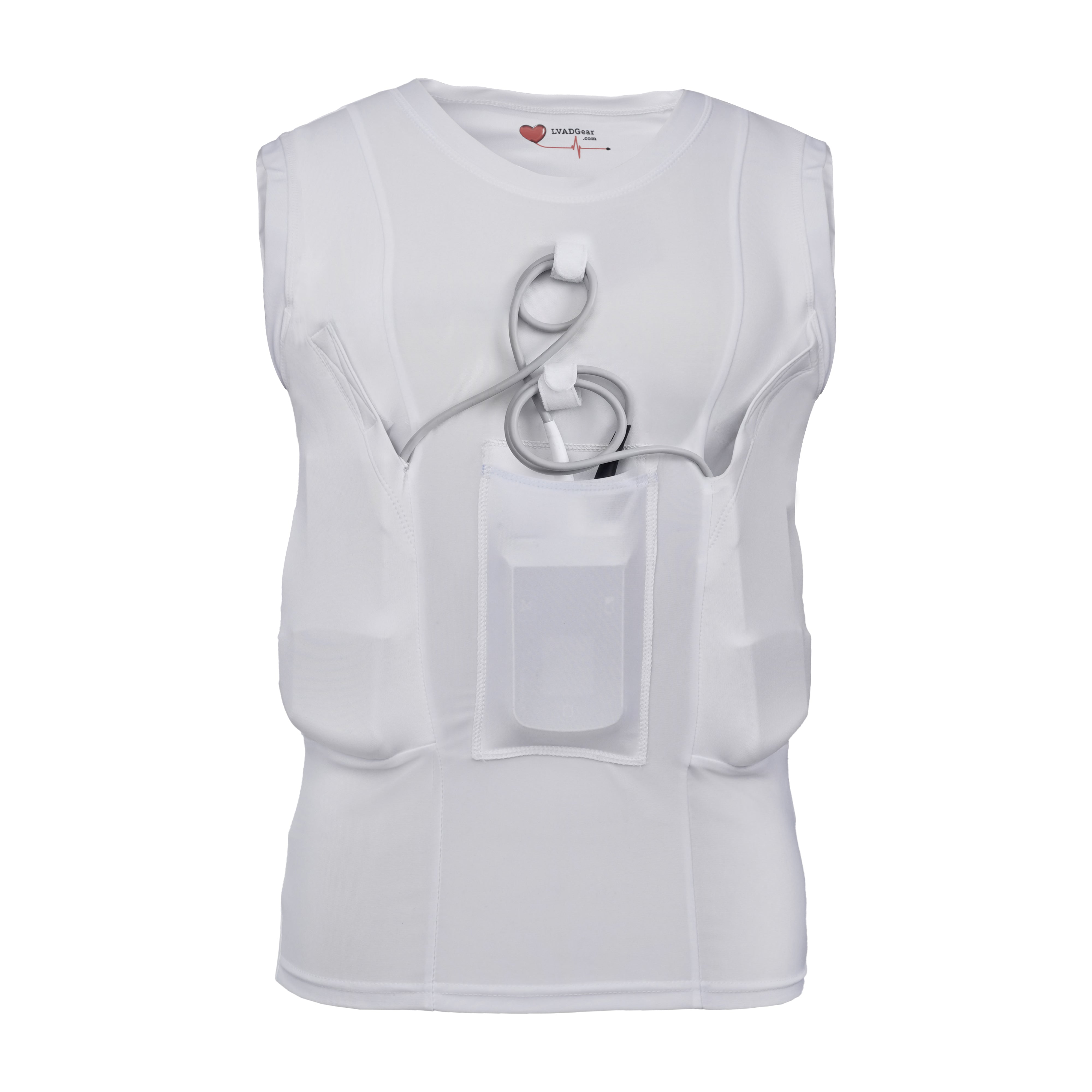 Women’s LVAD Tank Top in White with breathable spandex, secure LVAD pockets, and discreet lightweight design.